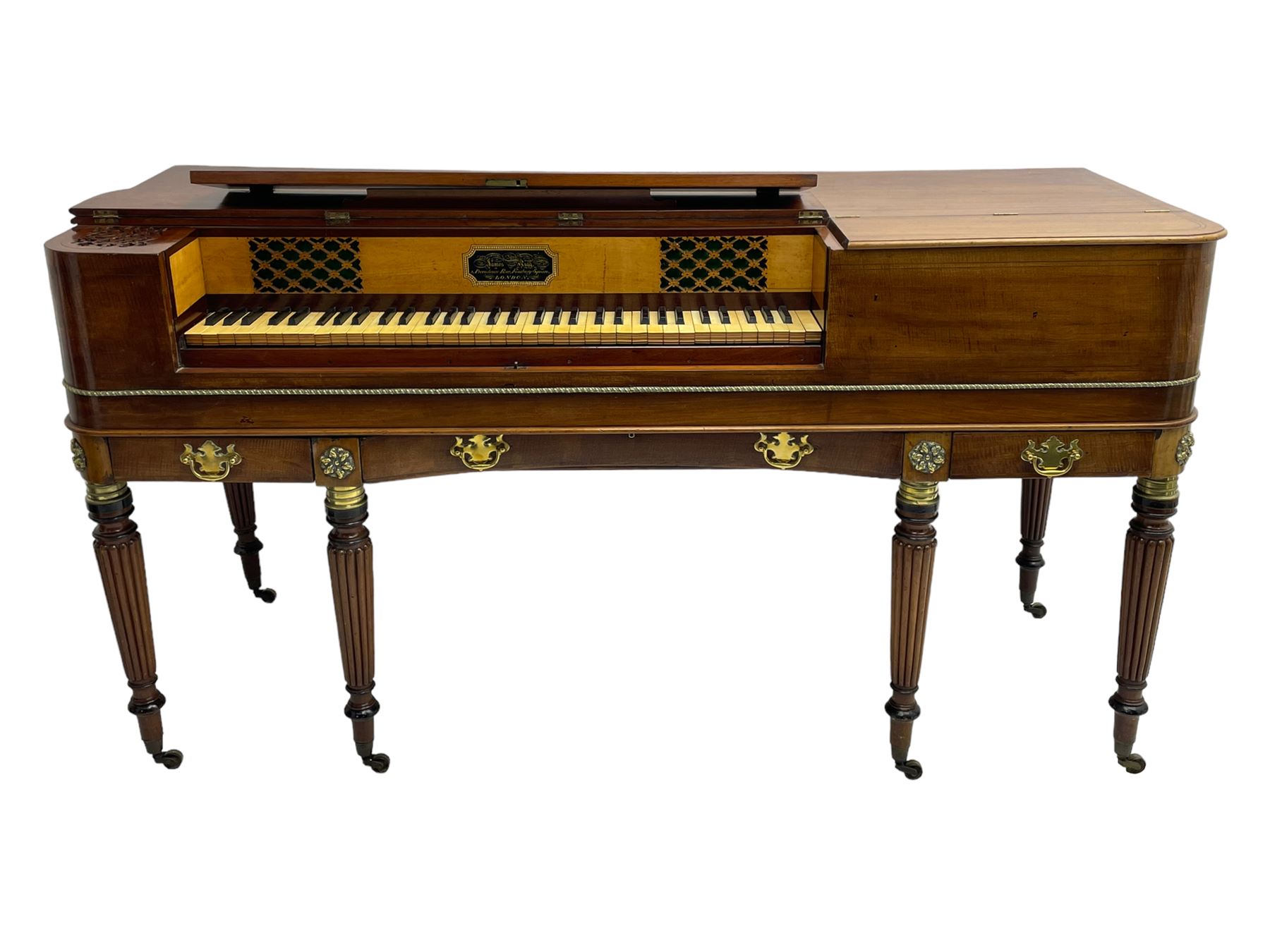 James Rigg, London -early 19th century mahogany and maple square piano c1817, with a 68 key compass (A-C) original hammers, jacks and felt, satinwood interior with ebony and ivory keys, the fretwork interior back inscribed 'James Rigg, 3 Providence Row, Finsbury Square, London', decorated with twist gilt metal edging, fitted with three drawers, on Gillows design turned and reeded supports with brass cups and castors.

This item has been registered for sale under Section 10 of the APHA Ivory Act