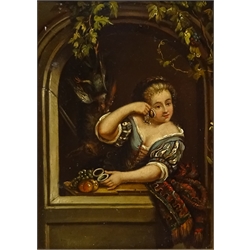  Girl with Fruit and Hanging Game, 19th century continental oil on tin plate unsigned 18.5cm x 13cm  