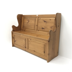  Solid pine settle bench with hinged seat, W120cm, H90cm, D38cm  