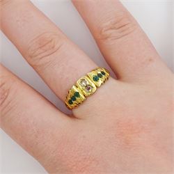 Victorian 15ct gold two stone diamond and six stone green paste stone set ring, Birmingham 1883