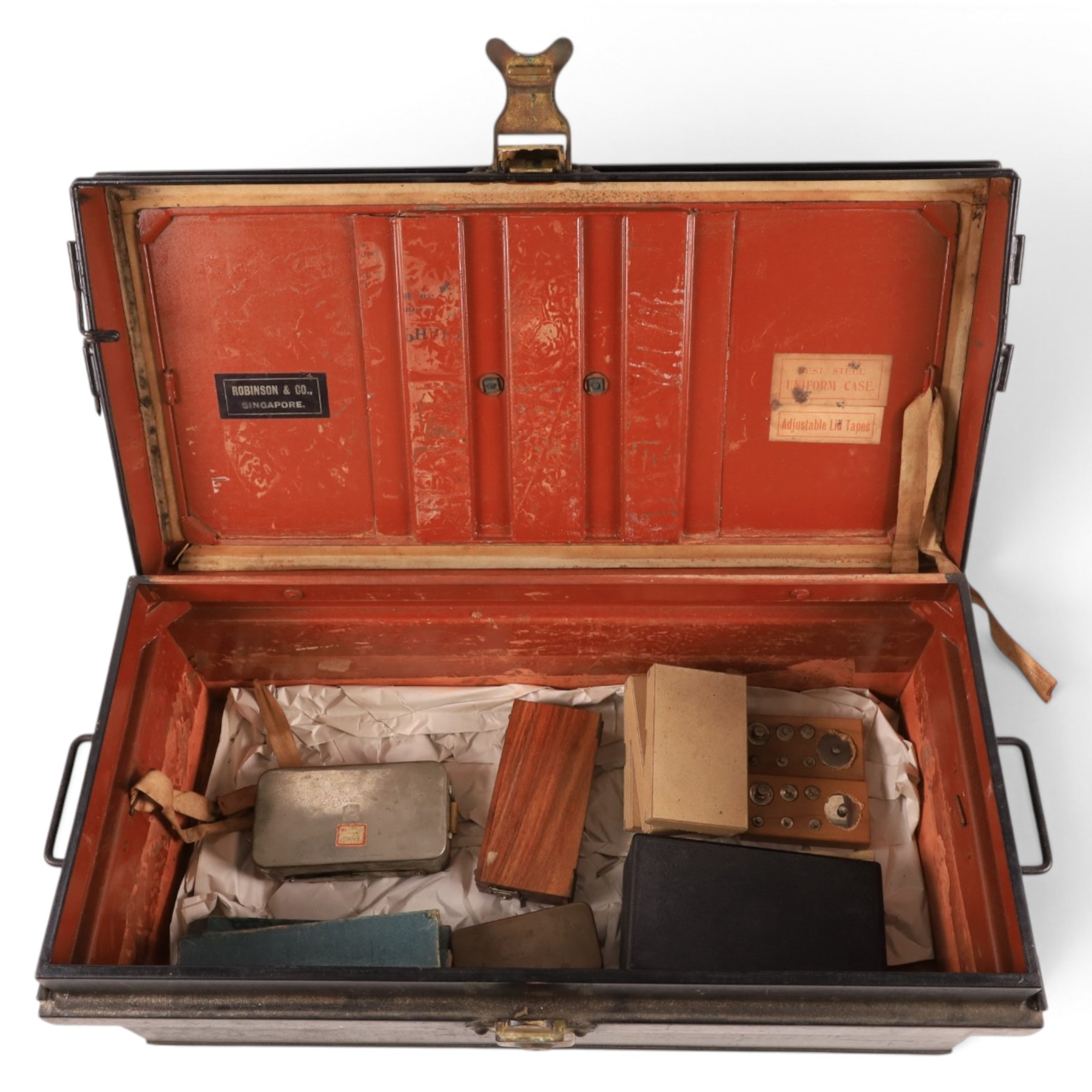 Field medical equipment, including scalpels, syringe, small weights and scales, ophthalmoscope, etc, contained within a steel uniform case