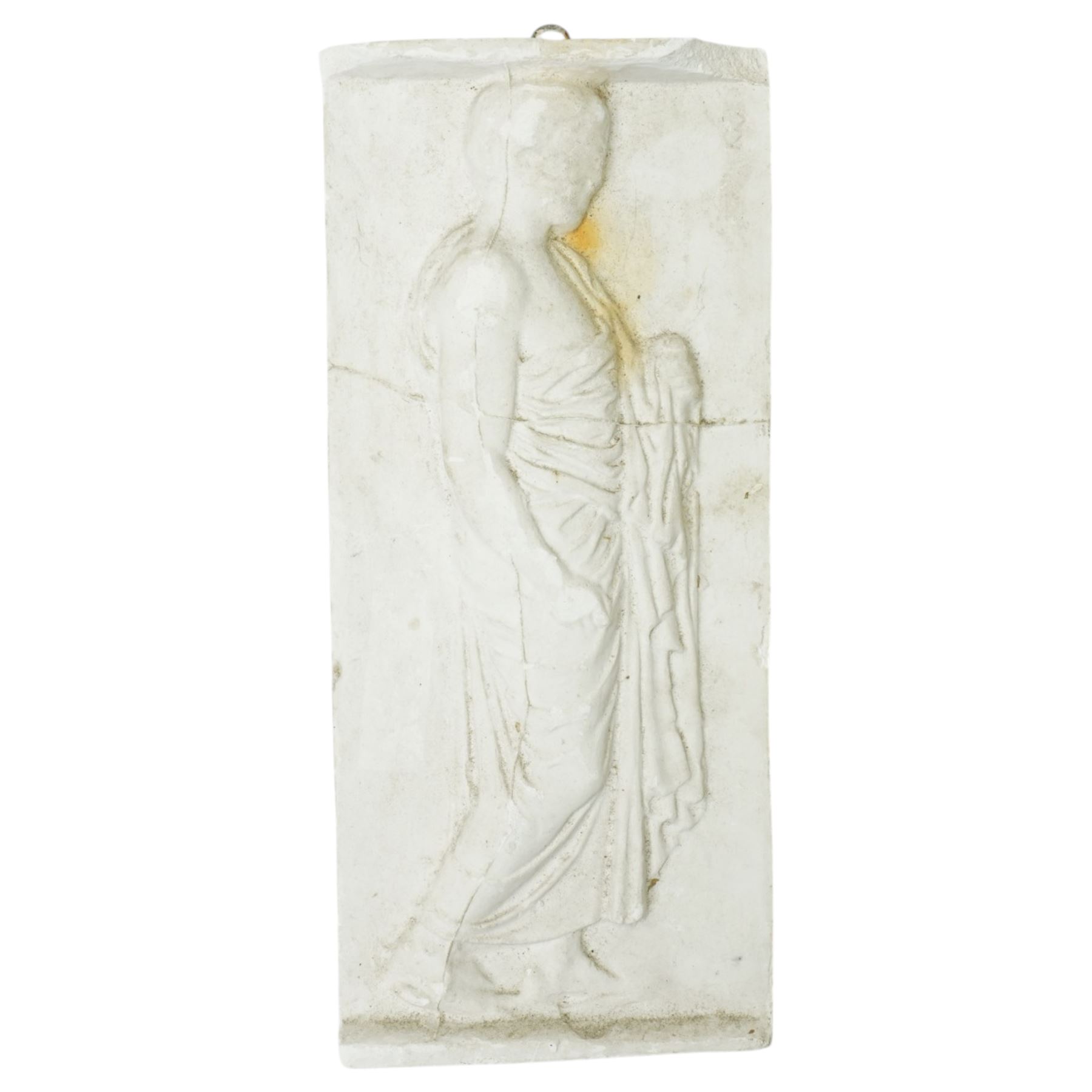 After the Antique - Three relief moulded plaster panels with figures, flowers etc., largest 20cm x 52cm and two ceiling bosses larger 33cm 