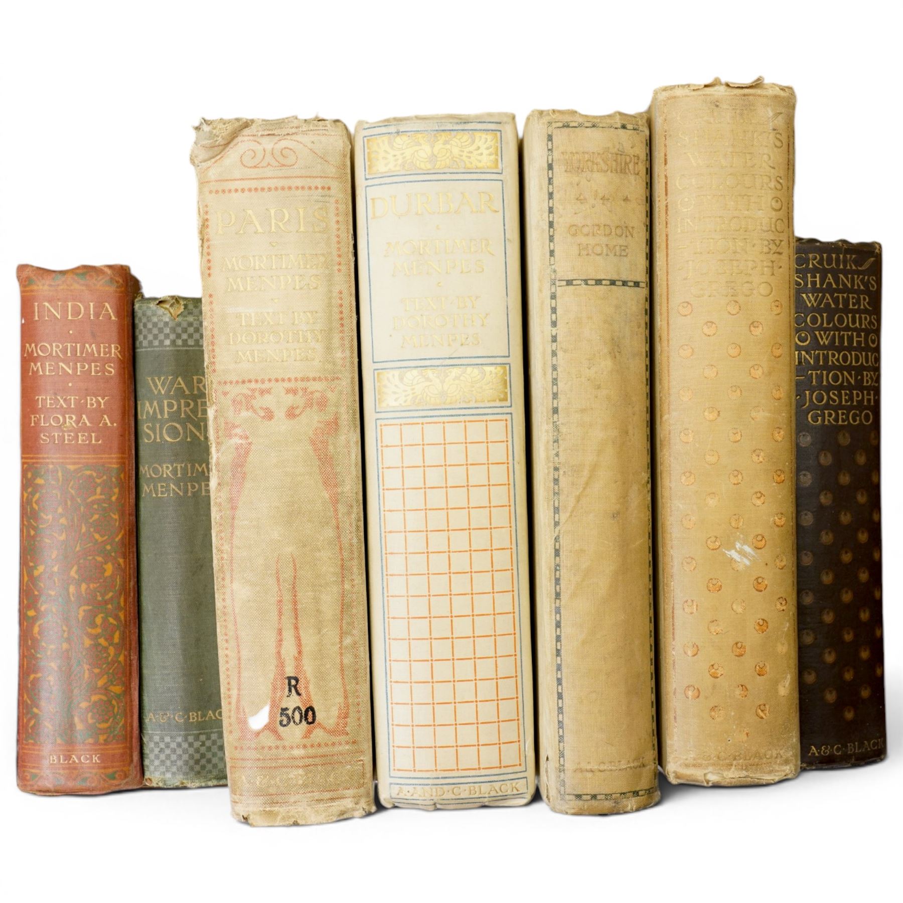 Large collection of Mortimer Menpes and AC Black travel books including notable limited and signed volumes 'Durbar' signed 888/1000, 'Paris' de-luxe edition 147/500, 'Cruikshank's Water-Colours' signed 31/300, 'Yorkshire Coast & Moorland Scenes' signed by Gordon Home 150/200 etc approx 100 volumes