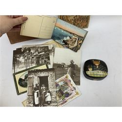 Quantity of post cards, two post card books, reproduction/fantasy coins, black lacquer box decorated with cat etc
