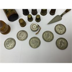 14ct gold coral stick pin, together with six pre-1947 silver halfcrown coins, silver napkin ring, silver mounted pen and other collectables