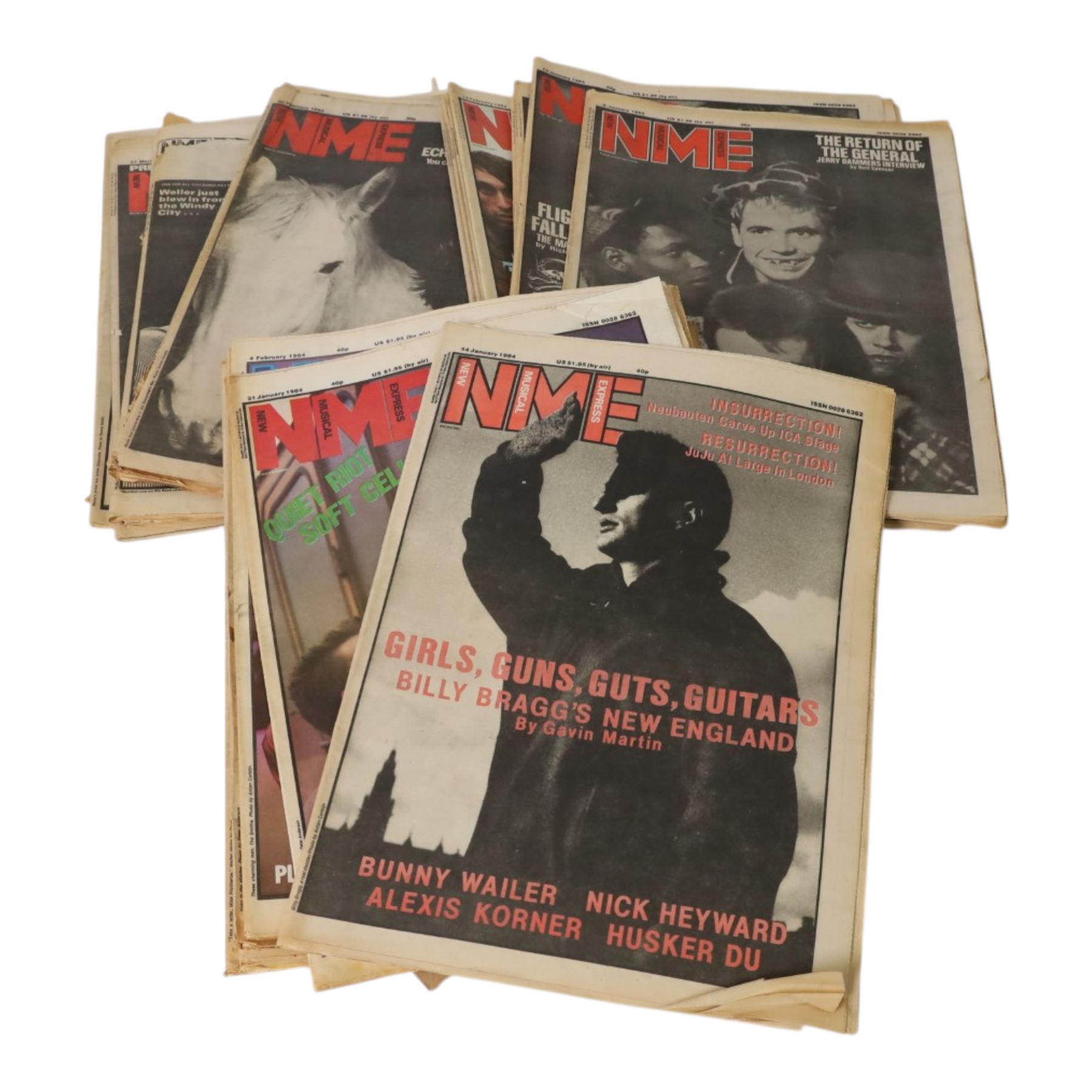 1980s music magazines, including seventeen 1982 Record Mirror examples and one-hundred and forty nine NME magazines spanning years 1980 to 1986