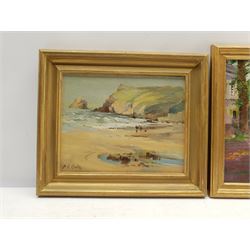 Harry Edmunds Crute (British 1888-1975): Cornish Beach Scene, oil on board signed 15cm x 19cm, together with two similar oils one signed Smith, inscribed verso 14cm x 19cm (3)