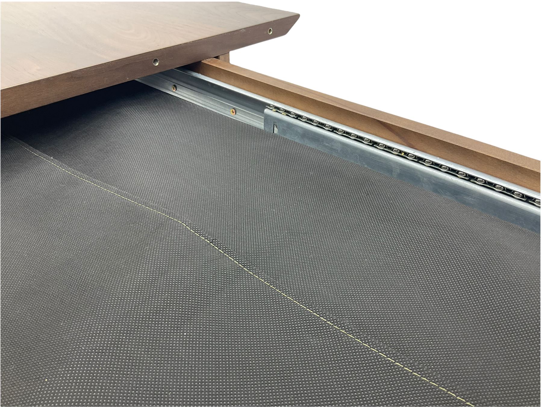 Bentley Designs - Premier collection 'Oslo' contemporary walnut extending dining table and six chairs upholstered in steel grey fabric. 