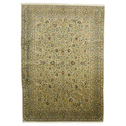 Central Persian Kashan hand-knotted carpet, pale blue field decorated with a finely drawn ...