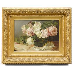 Walter George Sanders (fl. 1882-1892): Still Life of White and Pale Pink Roses, oil on wood panel signed and dated 1893, 24cm x 34cm