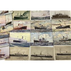 Sixty-five early 20th century postcards of passenger liners including White Star, Red Star, Atlantic Transport, Anchor, Cunard, Henderson, Booth, Union Castle, Holland America, Lamport & Holt, P. & O., New Zealand, Canadian Pacific, British India etc; and ten Edwardian postcards of Naval warships and officers (75)