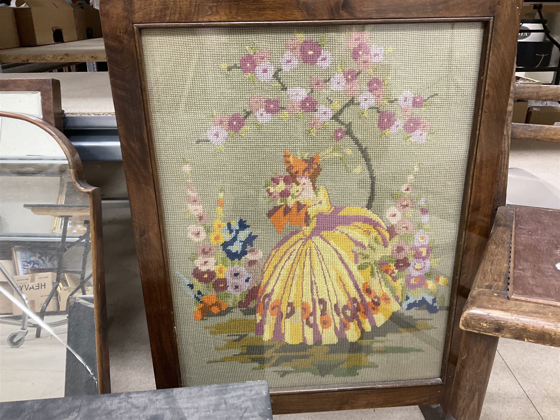 Mahogany framed easel mirror and another mirror, Firescreen with needlework panel depicting a woman in the garden H73cm, other wood items etc