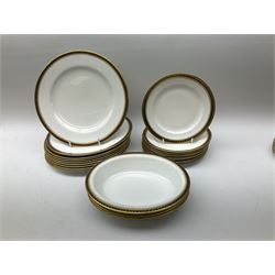 Spode tea and dinner wares in Majestic pattern, including ten cups and saucers, ten dinner plates, ten twin handled bowls and saucers, two gravy boats, three serving dishes, etc (67) 