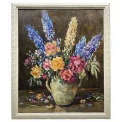 Owen Bowen (Staithes Group 1873-1967): Still Life of Roses and Delphiniums, oil on canvas signed, inscribed 'Exhibited at the Royal Cambrian Society' verso 60cm x 50cm