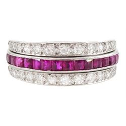 Early 20th century platinum single cut diamond and calibre cut ruby and sapphire swivel ring