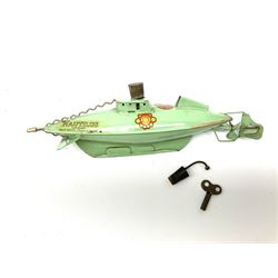 Sutcliffe Models ‘Nautilus’ tinplate and clockwork submarine from Walt Disney’s ’20,000 Leagues Under The Sea’ by Jules Verne, sea green body with various decals, rubber bung with periscope, boxed with inner cardboard display piece, produced between 1955-1960
