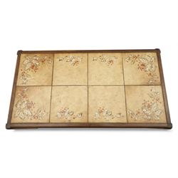 Mid 20th century living room furniture, comprising of a pair of Nathan teak dining chairs, each with curved open backrests and shaped seats, together with a Danish teak coffee table, rectangular top inset with decorative ceramic tiles, on square tapered supports
Chairs (H 73cm, W 48cm)
Table (H 41cm, W 81cm, D 47cm)