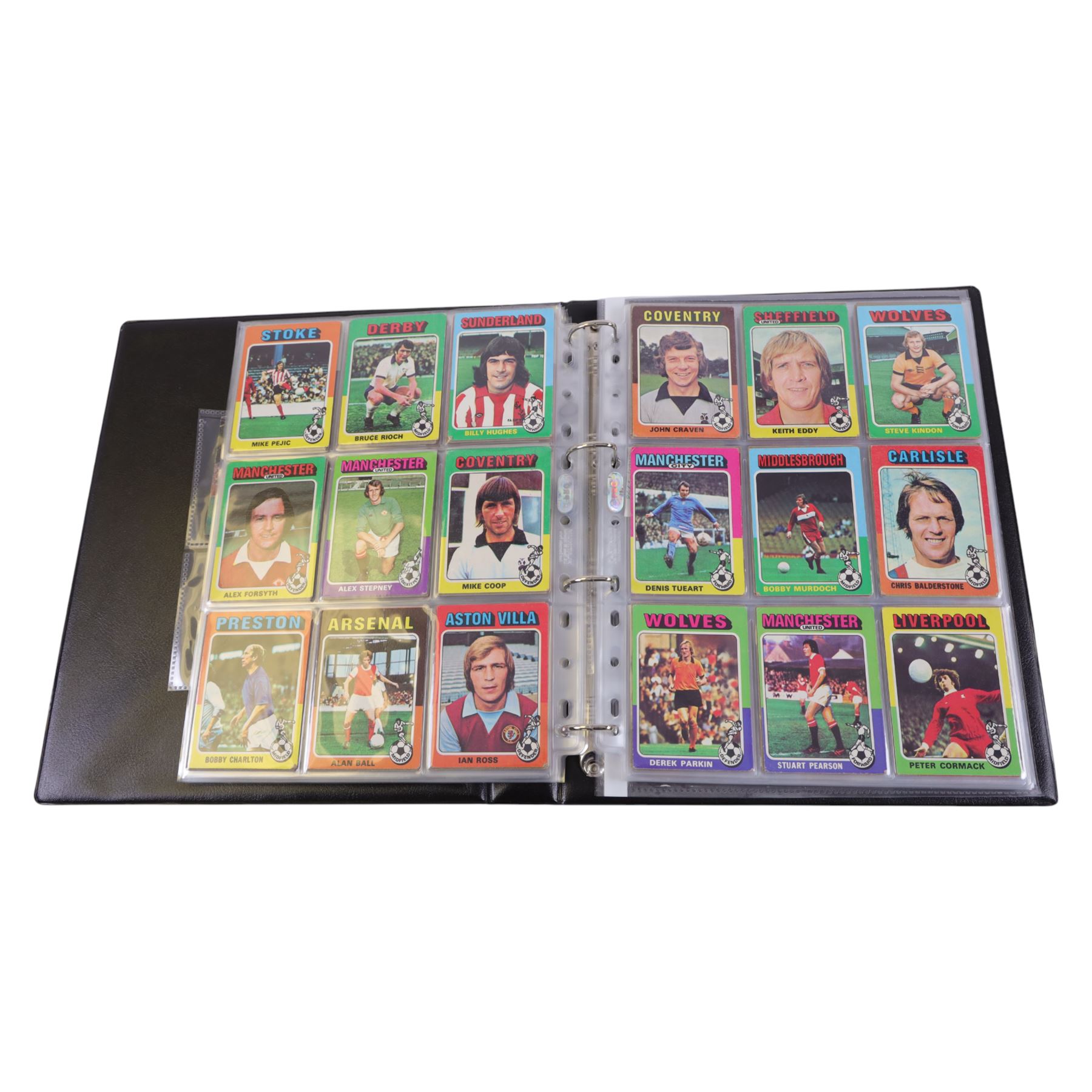 Collection of Football related trading cards, stickers and coins, including 1990 Esso World Cup Coin Collection, an empty 2010 Esso Official England Medal Collection Folder, incomplete 1990 Italy World Cup Commemorative Medal Collection, 1998 The Official England Squad Medal Collection, 1970s Topps All Stars Cards, 1992 Panini Official Football Players cards, Euro 2008 Collectors Binder and Cards, Panini 2009/10 Champions League Stickers, etc housed in four folders