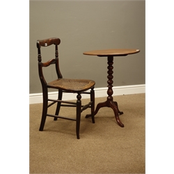  Victorian oval tilt top tripod table with bobbin turned column (54cm x 38cm, H68cm), and a Victorian cane seat side chair  