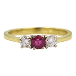  18ct gold ruby and diamond three stone ring, London 1989