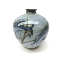  Cobridge stoneware vase decorated with swimming Dolphins signed JS and BL dated 1998, H17cm   