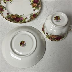 Royal Albert Old Country Roses pattern, tea service for six, comprising teapot, milk jug, open sucrier, dessert plates, teacups and saucers