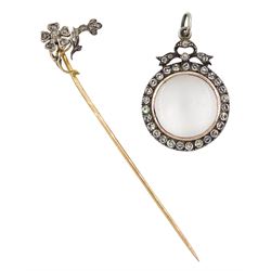 Early 20th century silver paste stone set glazed locket bow pendant, gold and silver rose cut diamond flower head stick pin