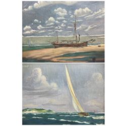 KE (British early 20th century): Beached Ship and Windy Day, pair oils on board signed and dated 1937, 32cm x 38cm (2)