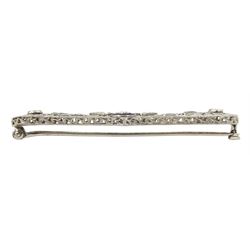 Art Deco platinum diamond and vari-cut synthetic sapphire bar open work brooch, in Charles Packer & Co Ltd, Regents Street, London box