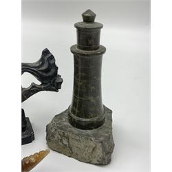Cornish carved serpentine model of a lighthouse, together with a Chinese soapstone figure of a horse, another carved horse figure and a carved hardstone armadillo