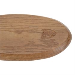 Gnomeman - tooled oak dish, carved with rose motif to the center, carved beneath with gnome signature, by Thomas Whittaker, Littlebeck, L36cm