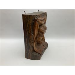 Carved hardwood wall decoration, carved with the face of a male figure, H41.5cm