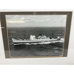 Set of twelve monochrome photographs of mid-20th century merchant vessels comprising general cargo ships, cargo liners, RMMV passenger cargo liners and hospital ship including Rowallan Castle, Drakensberg Castle, Stirling Castle, Capetown Castle, Pachumba, Tilapa etc; average size 18 x 24cm; uniformly mounted in black frames (12)