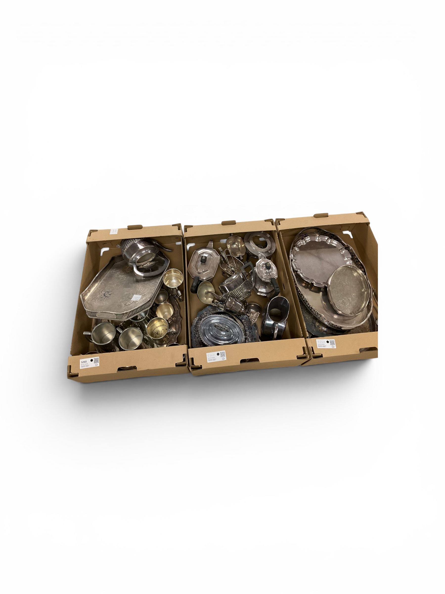 Large collection of silver plate and metal ware, including trays, tankards, teapots, hotwater pots etc in three boxes  