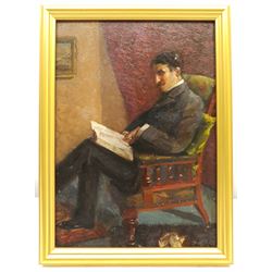 Paul Paul (Staithes Group 1865-1937): Portrait of a Gentleman, oil on panel signed 21cm x 15cm 
Provenance: from the artist's studio collection. Paul Politachi, born in Constantinople in 1865, was the son of Constantine Politachi (1840-1914), a merchant in cotton goods, and his wife Virginie. About 1870 the family came to England, and in 1871 Paul is listed as living at 4 Victoria Crescent, Broughton, Salford with his parents, two younger sisters Eutcripi and Emilie, paternal grandmother Fotine, a governess and a servant. In January 1887 he enrolled at Hubert von Herkomer's School at Bushey, where he presumably met fellow future Staithes Group members Rowland Henry Hill and Percy Morton Teasdale.

After his marriage to Marion Archer in 1896 he changed his name to the more Anglophone Paul Plato Paul. He exhibited at the Royal Academy ten times between 1901 and 1932. He was elected to the Royal Society of British Artists in 1903 and in that year exhibited 'The Old Pier, Walberswick' and 'The Road to the Village' in their winter exhibition. Two years later he was elected a member of the Staithes Art Club, alongside Teasdale. He died at 11 Bath Road, Bedford Park, Brentford, Middlesex on 23 January 1937, aged 71.
