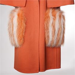 Fendi Roma - wool cape coat in 'Cayenne' orange peach, with concealed front fastening and short flared cape sleeves, applied with dyed arctic fox fur patch pockets, size 40, unused with original tags