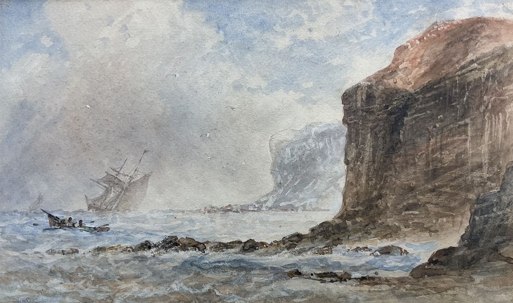 Richard Weatherill (British 1844-1913): Ship and Coble near Saltwick Nab, watercolour signed 15cm x 25cm