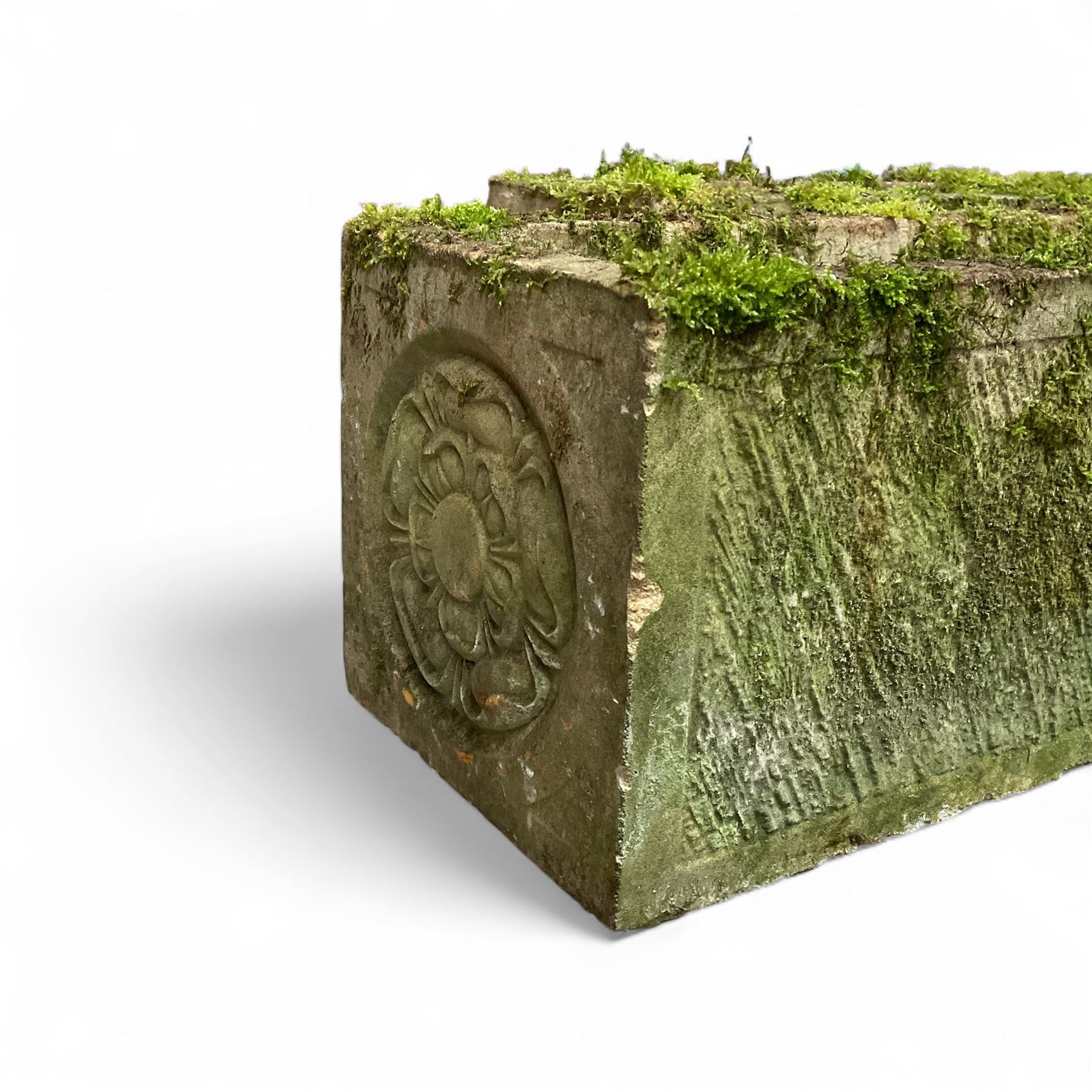 Pair of Yorkshire Rose weathered cast stone trough planters