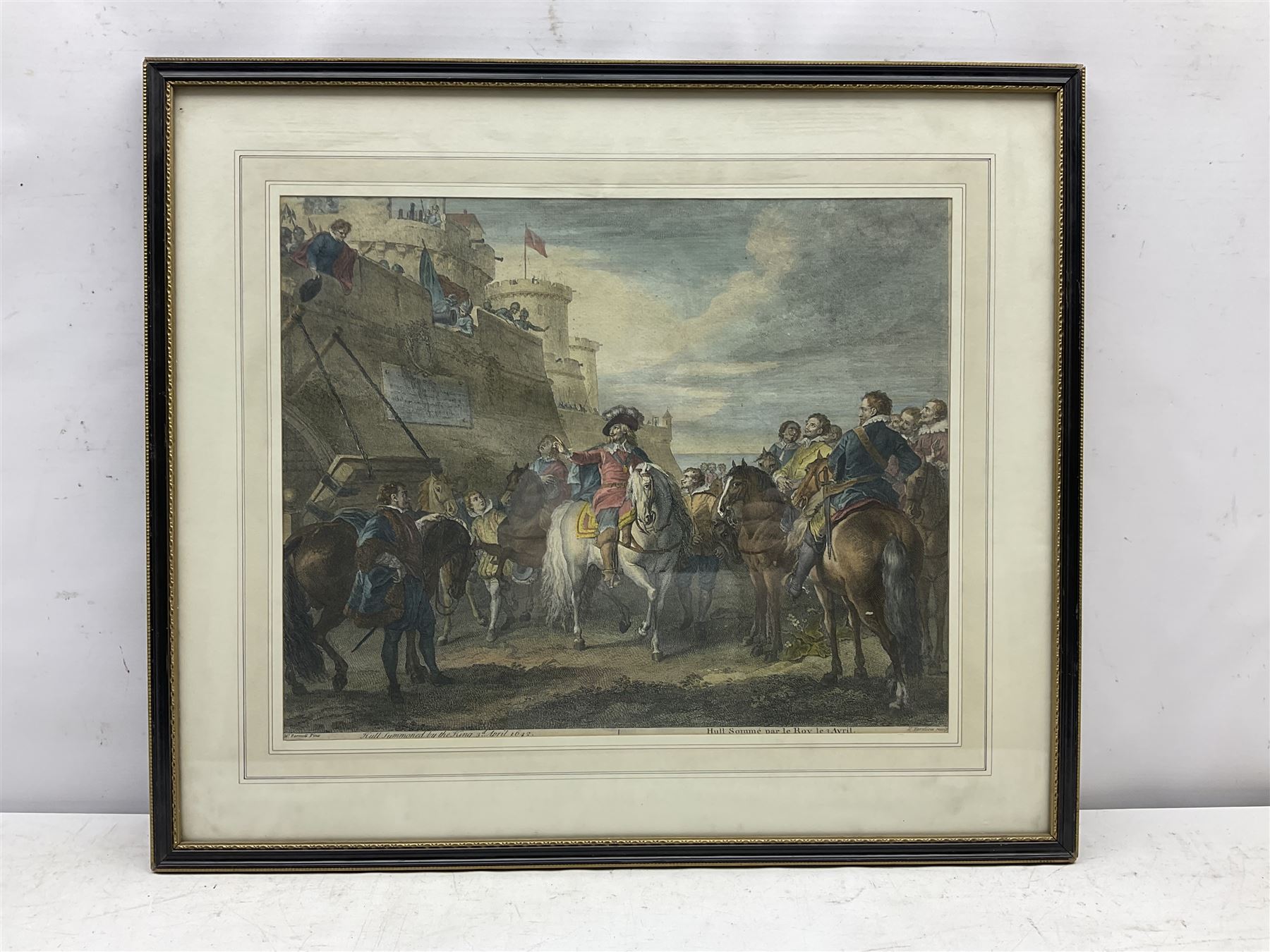 Nicolas-Henri Tardieu (French 1674-1749) after Charles Parrocel (French 1688-1752): 'Hull Summoned by the King 3rd April 1642', engraving with hand colouring pub. T & J Bowles 1728, 37cm x 45.5cm  
