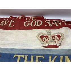 Edward VII God Save The King banner, decorated with the red, white and blue of the Union flag and repeated crown motifs between the lettering, approx L575cm