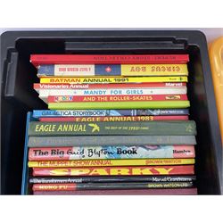 Children's annuals, books and booklets, including Scorcher Annual 1975, Valiant Annual 1977,  Beano Annual 2004, 2005 etc, The Big Enid Blyton Book, various Woman's Weekly magazines, Spot's Magical Christmas by Eric Hill and other similar hardback children's books etc, in four boxes 