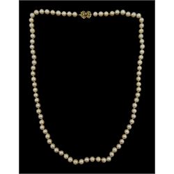 Single strand cultured white pearl necklace, with 14ct gold emerald and diamond clasp, stamped 585
