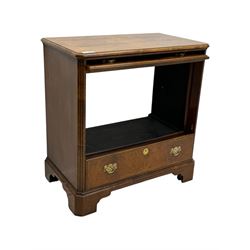 Late 20th century walnut veneered television chest in Georgian style, rectangular top over simulated drawer front with central marquetry star inlay, opening to a shelved TV compartment, lower section fitted with one long drawer, brass handles and ogee bracket feet