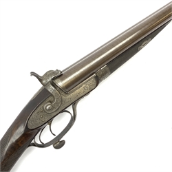 19th century James Erskine of Newton Stewart 12-bore pin-fire side-by-side double barrel hammer shotgun with screw under lever opening, walnut stock and 76cm damascus barrels, L118cm overall 