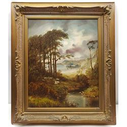 W Halley? (British late 19th century): Rugged Landscape with Sheep by a River, oil on panel indistinctly signed 50cm x 40cm