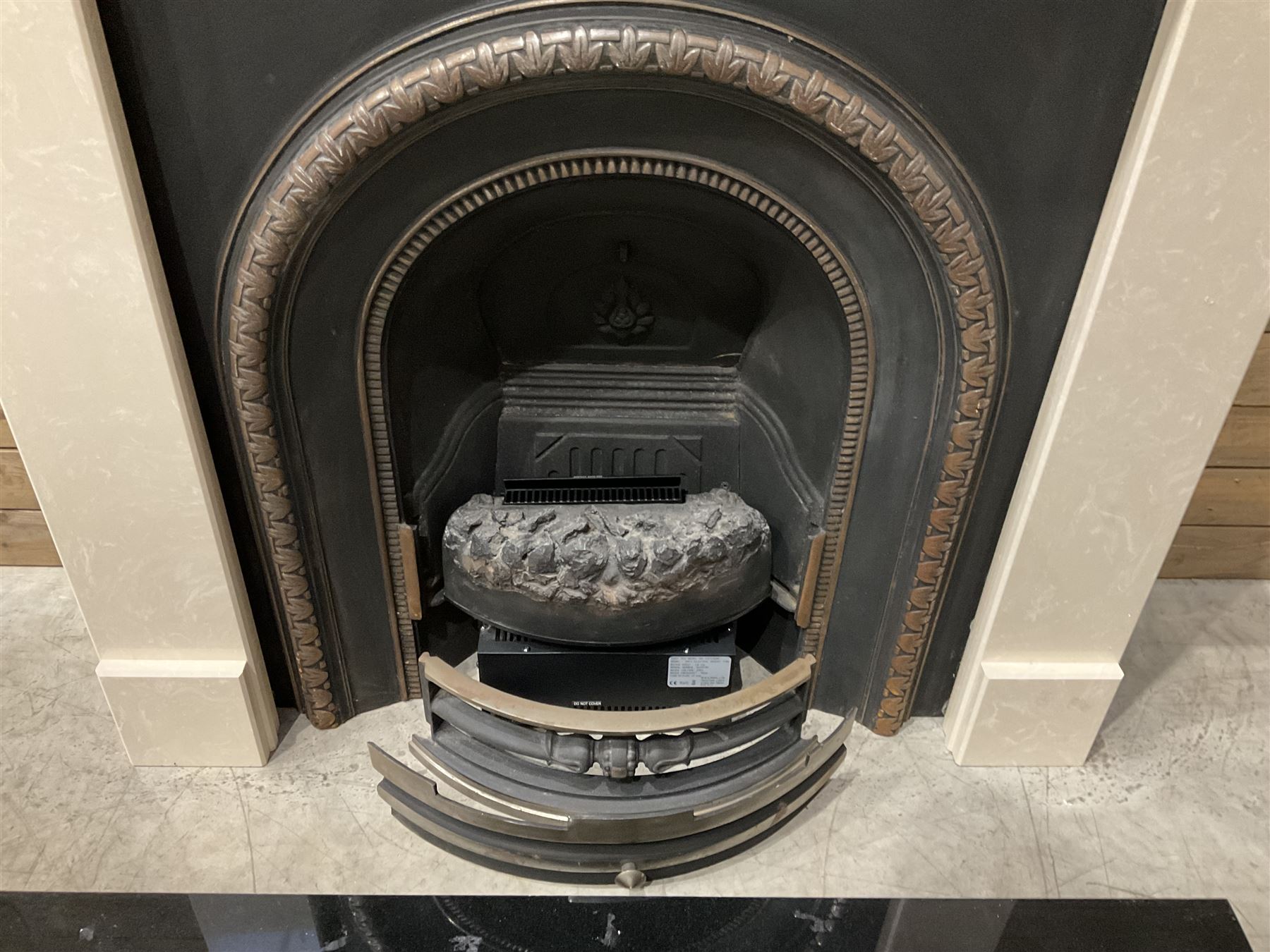 Aurora Dorchester Black Fire suite - granite style surround with cast iron insert, electric fire with remote and black hearth