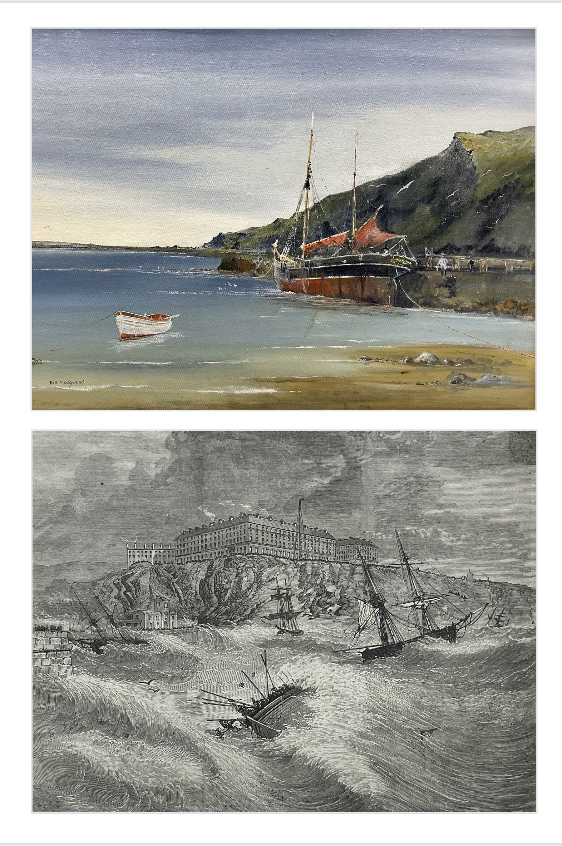 William 'Bill' Wedgwood (British c1934-2019): Coastal Inlet, oil on canvas signed 40cm x 60cm; 'The Recent Gale - Scene at Whitby', 19th century newspaper engraving 21cm x 24cm (2)