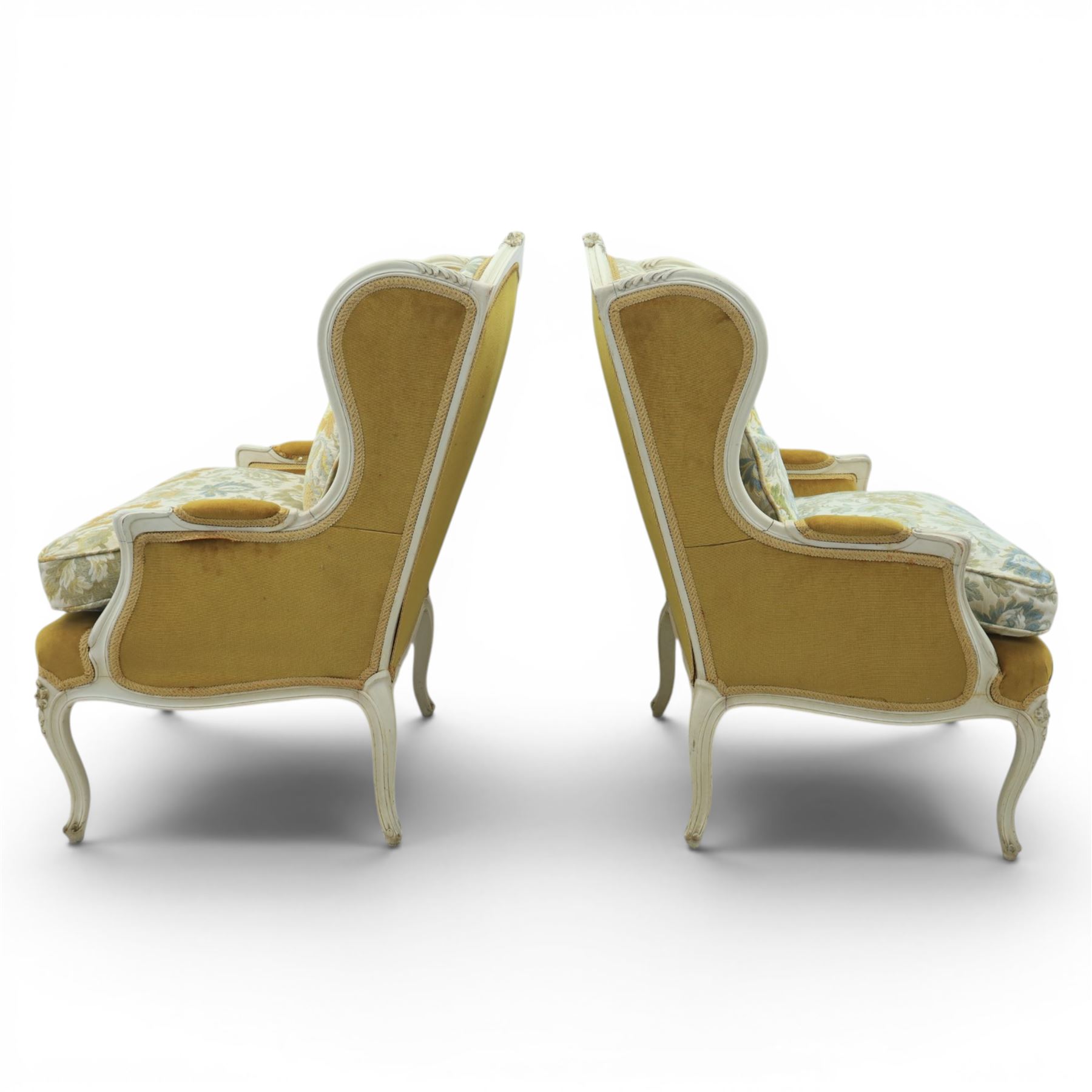 Pair of Louis the XV design white painted armchairs, upholstered in gold fabric with beige floral tapestry back and cushions