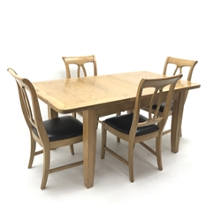 Light oak extending dining table, square tapering su[pports (W165cm & 125cm, H78cm, D91cm) and set four chairs, upholstered seat (W45cm)
