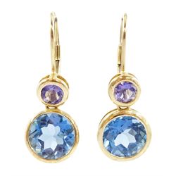 Pair of 9ct gold tanzanite and blue topaz pendant earrings, hallmarked